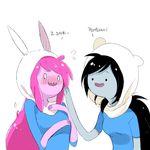  adventure_time bite_mark black_hair blush cosplay fangs finn_the_human finn_the_human_(cosplay) grey_skin hood korean long_hair marceline_abadeer multiple_girls o_o official_style pink_hair pink_skin princess_bonnibel_bubblegum six_(fnrptal1010) translation_request 