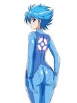  1girl ass blue_eyes blue_hair blush bodysuit cosplay eyelashes highres jabara921 jabara_tornado looking_at_viewer metroid nishijima_waon precure samus_aran samus_aran_(cosplay) short_hair simple_background solo spiked_hair standing suite_precure white_background zero_suit 