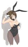  animal_ears arai_kei bare_shoulders breasts brown_hair bunny_ears bunnysuit cleavage detached_sleeves gloves green_eyes kantai_collection large_breasts mutsu_(kantai_collection) pantyhose solo wrist_cuffs 