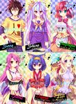  5girls animal_ear_fluff animal_ears blonde_hair blue_hair breasts brown_hair character_name checkered checkered_background copyright_name crown dress elf expressionless feel_nilvalen flower fox_ears fox_tail gradient_hair hair_flower hair_ornament hairband hatsuse_izuna japanese_clothes jibril_(no_game_no_life) kimono large_breasts lavender_hair long_hair medium_breasts multicolored_hair multiple_girls no_game_no_life pants pink_hair pointy_ears purple_hair red_hair school_uniform serafuku shiro_(no_game_no_life) shirt short_hair short_kimono smile sora_(no_game_no_life) stephanie_dora t-shirt tail thighhighs trianon very_long_hair wings zettai_ryouiki 