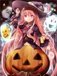  adapted_costume candy efe expressionless food ghost halloween hat hata_no_kokoro jack-o'-lantern lollipop long_hair long_sleeves mask md5_mismatch navel pink_eyes pink_hair plaid plaid_shirt shirt solo touhou very_long_hair witch_hat 