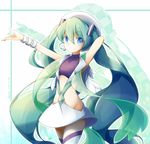  2014 arms_up artist_name blue_eyes bracelet cosplay dated green_hair hacko hat hatsune_miku headset jewelry long_hair mikuri_(pokemon) mikuri_(pokemon)_(cosplay) navel outstretched_arm pokemon pokemon_(game) pokemon_oras skirt smile solo thighhighs twintails very_long_hair vocaloid 