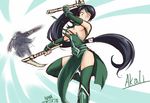  1girl akali assisted_exposure black_hair breasts green_eyes headband kama_(weapon) league_of_legends leg_lift long_hair makeup mascara medium_breasts nam_(valckiry) sickle standing standing_on_one_leg tearing_clothes torn_clothes very_long_hair zed_(league_of_legends) 