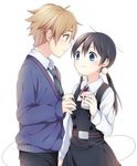  1girl ahoge black_hair blue_eyes brown_eyes brown_hair hair_ornament hetero holding kitashirakawa_tamako long_hair looking_at_another low_twintails ooji_mochizou school_uniform short_hair smile soranagi string_phone tamako_love_story tamako_market twintails 