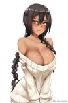  1girl areola_slip areolae azur_lane bare_shoulders black_hair blush braid breasts brown_eyes cleavage closed_mouth collarbone cowboy_shot dark_skin hair_between_eyes hair_in_mouth large_breasts lips long_hair looking_at_viewer off-shoulder_sweater ribbed_sweater simple_background solo south_dakota_(azur_lane) sweater twin_braids twitter_username twrlare white_background white_sweater 