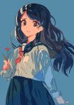  1girl ascot black_eyes black_hair black_sailor_collar black_skirt blue_background flower highres holding holding_flower kogecha_(coge_ch) long_hair long_sleeves looking_at_viewer original parted_lips red_flower red_neckwear sailor_collar simple_background skirt smile solo upper_body wide_sleeves 