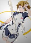  blue_eyes bodysuit brown_hair covered_navel cum gundam gundam_build_fighters gundam_build_fighters_try hand_on_own_forehead hoshino_fumina impossible_clothes ponytail shimazu_tekkou short_hair smile solo spray_paint thigh_gap 