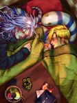  2boys anavel_gato artist_request bernard_wiseman blonde_hair gundam gundam_0080 gundam_0083 hand_holding hat long_hair mion multiple_boys sleeping yaoi zaku zaku_ii zaku_ii_fz_kai 