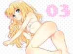  all_fours amagi_brilliant_park ass bangs bikini blonde_hair blue_eyes blush breasts drill_hair kuroki_(ma-na-tu) latifa_fleuranza long_hair looking_at_viewer looking_back polka_dot polka_dot_background side-tie_bikini small_breasts solo swimsuit twin_drills white_bikini 