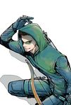  1boy arrow blue_eyes bow_(weapon) dc_comics face_paint facepaint gloves green_arrow green_arrow_(series) hood oliver_queen quiver smile solo vambraces weapon 