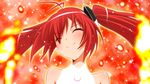  ahoge bangs bare_shoulders blush closed_eyes eyelashes fire genderswap genderswap_(mtf) hair_ornament happy henshin long_hair looking_at_viewer ore_twintail_ni_narimasu red_background red_hair smile solo tailred transformation twintails yuto_(dialique) 