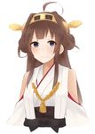  ahoge bare_shoulders blush brown_hair detached_sleeves double_bun hairband headgear highres japanese_clothes kantai_collection kongou_(kantai_collection) long_hair looking_at_viewer nontraditional_miko otoharu purple_eyes simple_background smile solo upper_body white_background 