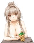  1girl amagi_brilliant_park bathing blush breasts brown_eyes brown_hair cleavage highres kyoto_animation large_breasts long_hair moffle nakajima_yuka nude onsen open_mouth sento_isuzu shiny shiny_skin solo white_background yellow_eyes 