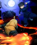  bare_shoulders black_hair blue_eyes duel fingerless_gloves fire full_moon gakuran gloves kishima_kouma knife male_focus melty_blood moon multiple_boys nanaya_shiki night night_sky school_uniform sky smile toono_shiki tsukihime urako weapon 