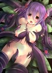  absurdres bad_id bad_pixiv_id braid breasts duel_monster hair_bobbles hair_ornament highres kumashou_(nabeyama_kaidou) large_breasts leaf long_hair looking_at_viewer navel nipples nude open_mouth pointy_ears purple_hair red_eyes tears tentacles torn_clothes traptrix_atrax twin_braids yuu-gi-ou 