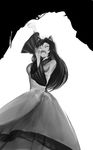  animal_ears circlek clenched_hand closed_eyes dress facing_viewer fangs feet_out_of_frame from_below greyscale hand_to_own_mouth imaizumi_kagerou long_hair long_sleeves monochrome open_mouth solo stretch touhou wide_sleeves wolf_ears yawning 