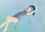  bananannu bare_legs bare_shoulders blue_eyes blue_hair hair_bobbles hair_ornament jewelry kawashiro_nitori key key_necklace leaf lying lying_on_water maple_leaf necklace no_hat no_headwear on_back one-piece_swimsuit partially_submerged school_swimsuit short_hair short_twintails solo swimsuit touhou twintails water 