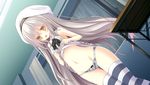  1girl artist_request blush character_request dress dress_lift exhibitionism game_cg hat highres himawari!! indoors long_hair mikazuki_tenma navel p19 panties silver_hair skirt_lift solo source_request striped striped_legwear sweat sweet_light thighhighs underwear very_long_hair yellow_eyes 