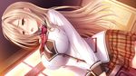  1girl blonde_hair blush breasts caramel_box desk game_cg gold_eyes indoors large_breasts long_hair masturbation minami_sayuri norita school_uniform semiramis_no_tenbin skirt solo table_sex yellow_eyes 