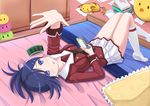  arm_up armband armband_removed bed bed_sheet blue_eyes blue_hair blush book_stack breasts cellphone cellphone_charm clannad dango_daikazoku frilled_pillow frills gen_1_pokemon hair_ornament hairclip indoors inou-battle_wa_nichijou-kei_no_naka_de kazenokaze kneehighs knees_together_feet_apart knees_up kudou_mirei long_sleeves lying medium_breasts necktie no_shoes on_back on_bed open_hand outstretched_arm outstretched_hand phone pillow pleated_skirt pokemon pokemon_(creature) raichu school_uniform short_hair short_ponytail skirt sleeves_folded_up solo stuffed_animal stuffed_chicken stuffed_toy upside-down white_legwear 