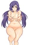  1girl agawa_ryou breasts female hair_ornament huge_breasts long_hair long_twintails love_live!_school_idol_project navel nude plump purple_hair simple_background sketch smile solo toujou_nozomi twintails white_background 