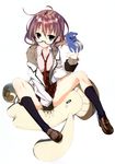  absurdres blue_eyes brown_hair cardigan glasses highres kagome_(traumatize) kohitsuji_wa_mayowanai long_sleeves mushroom necktie pillow school_uniform semi-rimless_eyewear senba_aki sitting skirt socks solo tape_dispenser tears under-rim_eyewear 