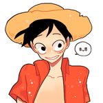  1boy hat jeremy_(artist) male male_focus monkey_d_luffy one_piece open_clothes open_shirt red_shirt shirt short_sleeves simple_background smile solo straw_hat 