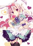  :q animal_ears black_legwear brown_eyes bunny bunny_ears candy carrying food frills garter_straps heart holding light_brown_hair lollipop long_hair looking_at_viewer maid maid_headdress millcutto original thighhighs tongue tongue_out twintails zettai_ryouiki 