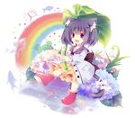  :d animal_ears black_hair boots casual cat_ears cat_tail fang flower holding hydrangea leaf_umbrella looking_at_viewer millcutto open_mouth original purple_eyes rain sailor_collar short_hair smile tail teruterubouzu 