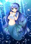  blue blue_background blue_hair blush bracelet bubble choker crop_top full_body green_eyes jewelry long_hair madou_monogatari mermaid monster_girl nervous noda_shuha puyopuyo seriri_(puyopuyo) solo tears underwater 