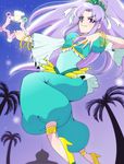  alternate_form arabian_clothes bracelet cure_fortune earrings fortune_tambourine full_body happinesscharge_precure! high_heels highres hikawa_iona jewelry long_hair magical_girl miyoshi_(miyomiyo_344) pants pine_arabian ponytail precure purple_background purple_eyes purple_hair smile solo wide_ponytail 