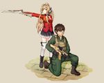  1girl acog aiguillette amagi_brilliant_park assault_rifle boots company_connection creator_connection crossover epaulettes flash_suppressor fn_scar fn_scar_16 foregrip frown full_metal_panic! gloves gun hair_ribbon kyoto_animation load_bearing_vest long_hair military military_uniform musket plate_carrier pleated_skirt ribbon rifle sagara_sousuke scar scope seatollead sento_isuzu skirt stanag_magazine thighhighs trait_connection uniform weapon zettai_ryouiki 