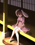  absurdres animal animal_ears animal_on_lap bad_id bad_pixiv_id bangs bare_legs barefoot black_hair breasts bunny bunny_ears carrot_necklace closed_eyes dress hair_between_eyes highres inaba_tewi jewelry knees_together_feet_apart light_smile mosquito_coil necklace outdoors pendant petting pink_dress rerrere ribbon_trim rock shade shadow short_hair short_sleeves shouji sitting sliding_doors small_breasts smile smoke touhou veranda 