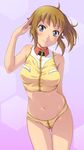  alternate_costume arm_behind_back bare_shoulders blue_eyes blush brown_hair gundam gundam_build_fighters gundam_build_fighters_try halter_top halterneck hoshino_fumina navel ponytail salute shian_(my_lonly_life.) smile solo thigh_gap uniform 