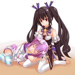  bare_shoulders black_hair breasts d-pad d-pad_hair_ornament hair_ornament hand_on_another's_head hand_on_head highres himajin_(starmine) lap_pillow long_hair lying medium_breasts multiple_girls neptune_(choujigen_game_neptune) neptune_(series) noire open_mouth purple_hair red_eyes seiza sitting sleeping smile striped thighhighs twintails 