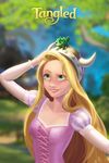  adjusting_headwear blonde_hair chameleon copyright_name dress green_eyes helmet highres horned_helmet long_hair miacat pascal_(tangled) pink_dress raised_eyebrow rapunzel_(disney) smile solo tangled very_long_hair 