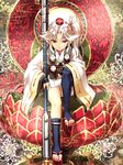  abo_(hechouchou) daitengu_(abo) hat highres japanese_clothes long_hair looking_at_viewer original pointy_ears red_eyes side_ponytail silver_hair sitting smile solo tokin_hat touhou weapon 