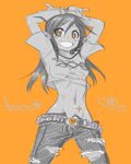  1girl \m/ ahoge arms_up belt breasts character_name cowboy_shot crop_top dark_elf dated demon_mages denim double_\m/ elf greyscale grin highres jason_robinson jeans long_hair midriff monochrome navel no_bra open_fly orange_background pants pointy_ears safety_pin shirt sketch small_breasts smile solo studded_belt t-shirt tara_olphoros torn_clothes torn_jeans torn_pants unzipped 