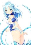  ass blue_eyes blue_hair blue_leotard blush breasts leotard long_hair looking_at_viewer medium_breasts ole_tower peko sideboob simple_background solo submersible_pump_(ole_tower) thighhighs tube white_background white_leotard 
