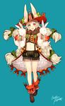  :&lt; :d absurdres animal animal_ears ankle_boots blue_background boots bunny bunny_ears fake_animal_ears frills full_body green_eyes hair_ornament hair_ribbon hat heterochromia highres long_hair long_sleeves looking_at_viewer midriff mika_pikazo navel open_mouth original pointy_ears puffy_pants purple_eyes ribbon shorts signature silver_hair simple_background smile solo standing stomach walking white_hair 