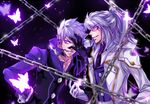  add_(elsword) black_background bug butterfly chain choker dual_persona elsword facial_mark gloves grey_hair grin half_updo hand_over_face insect jacket long_hair lunatic_psyker_(elsword) male_focus mastermind_(elsword) multiple_boys purple_eyes selcia smile tattoo 