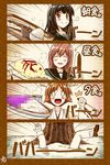  3girls 4koma admiral_(kantai_collection) bad_food bangs bare_shoulders black_hair blunt_bangs brown_hair buried censored censored_food comic curry curry_rice flipped_hair food hairband hiei_(kantai_collection) isokaze_(kantai_collection) japanese_clothes kantai_collection kill_me_baby kitchen_knife knife long_hair multiple_girls nontraditional_miko o_o omelet omurice ooi_(kantai_collection) red_eyes rice school_uniform serafuku short_hair smile sparkle spoon translated utsurogi_angu yandere 