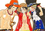  3boys abs black_hair blonde_hair bracelet brother brothers cravat eyes_closed freckles gloves goggles hat jewelry looking_at_viewer maruco007 monkey_d_luffy multiple_boys necklace one_piece open_clothes open_mouth open_shirt portgas_d_ace red_shirt sabo_(one_piece) scar shirt shueisha siblings smile smiley stampede_string straw_hat top_hat topless trio 