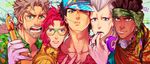  bad_id bad_pixiv_id bandana bespectacled dark_skin dark_skinned_male glasses hat headphones jean_pierre_polnareff jojo_no_kimyou_na_bouken joseph_joestar kakyouin_noriaki kuujou_joutarou mohammed_avdol multiple_boys rubber_chicken yano_(404878) 