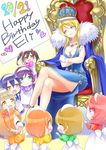  :d ^_^ apron ayase_eli blonde_hair blue_eyes breasts cape character_name chibi clapping cleavage closed_eyes crossed_arms crossed_legs crown dated dress gem gloves happy_birthday heart highres hoshizora_rin juliet_sleeves kisaragi_mizu koizumi_hanayo kousaka_honoka large_breasts long_hair long_sleeves love_live! love_live!_school_idol_project matching_outfit minami_kotori multiple_girls nishikino_maki open_mouth puffy_sleeves sitting smile sonoda_umi throne toujou_nozomi waist_apron yazawa_nico 