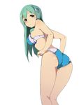  ass back bare_arms bare_shoulders blue_bra blue_panties bra frog_hair_ornament green_eyes green_hair hair_ornament hasebe_yuusaku kochiya_sanae leaning_forward long_hair looking_at_viewer looking_back panties solo touhou underwear underwear_only white_background 