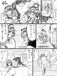  3girls admiral_(kantai_collection) ahoge blush carrying comic detached_sleeves double_bun greyscale haguro_(kantai_collection) hairband headgear highres japanese_clothes kantai_collection kongou_(kantai_collection) long_hair monochrome multiple_girls nachi_(kantai_collection) nontraditional_miko shaded_face short_hair side_ponytail thighhighs translation_request yapo_(croquis_side) 