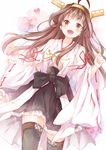  :d ahoge bad_id bad_pixiv_id black_legwear brown_eyes brown_hair detached_sleeves double_bun hairband kantai_collection kongou_(kantai_collection) long_hair looking_at_viewer nontraditional_miko open_mouth pleated_skirt ribbon-trimmed_sleeves ribbon_trim skirt smile solo thighhighs yatomi zettai_ryouiki 