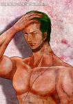  1boy green_hair male male_focus one-eyed one_piece riria roronoa_zoro scar swordsman topless 
