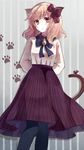  animal_ears arms_behind_back bow cat_ears cat_tail hair_bow hair_ribbon light_brown_eyes light_brown_hair long_hair long_skirt looking_at_viewer miyakure original pantyhose ribbon skirt solo tail tail_ribbon 